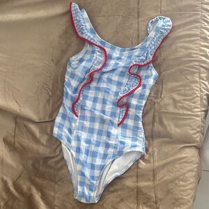 Cat & Jack Blue Gingham Ruffle One-Piece Swimsuit with Red Trim
